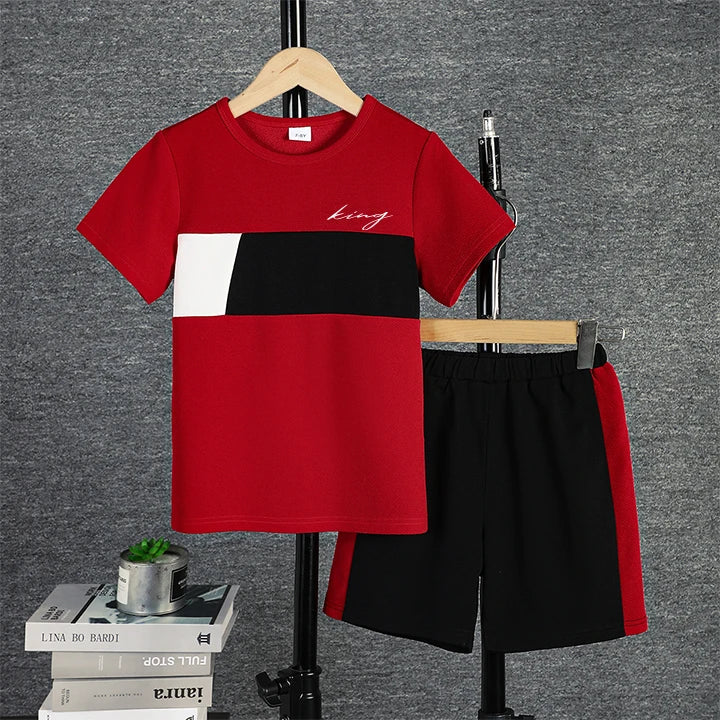 2pcs Boys Casual Colorblock T-Shirt & Shorts Set – Comfortable Summer Kids Clothes