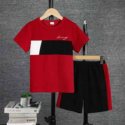 2pcs Boys Casual Colorblock T-Shirt & Shorts Set – Comfortable Summer Kids Clothes