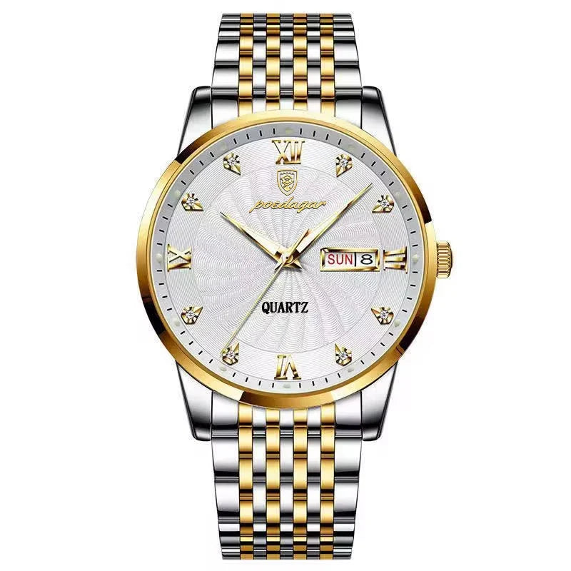 POEDAGAR Luxury Men's Watch — Waterproof Luminous Quartz Wristwatch with Date & Week, Stainless Steel Sports Fashion