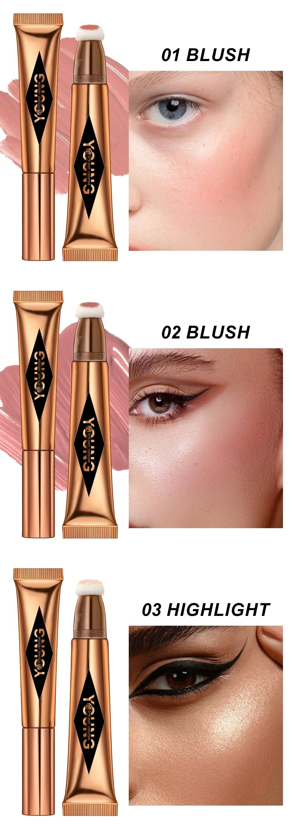 YOUNG VISION Air Cushion Powder Blusher – High Gloss Stick, 6 Color Options for Liquid Rouge Makeup