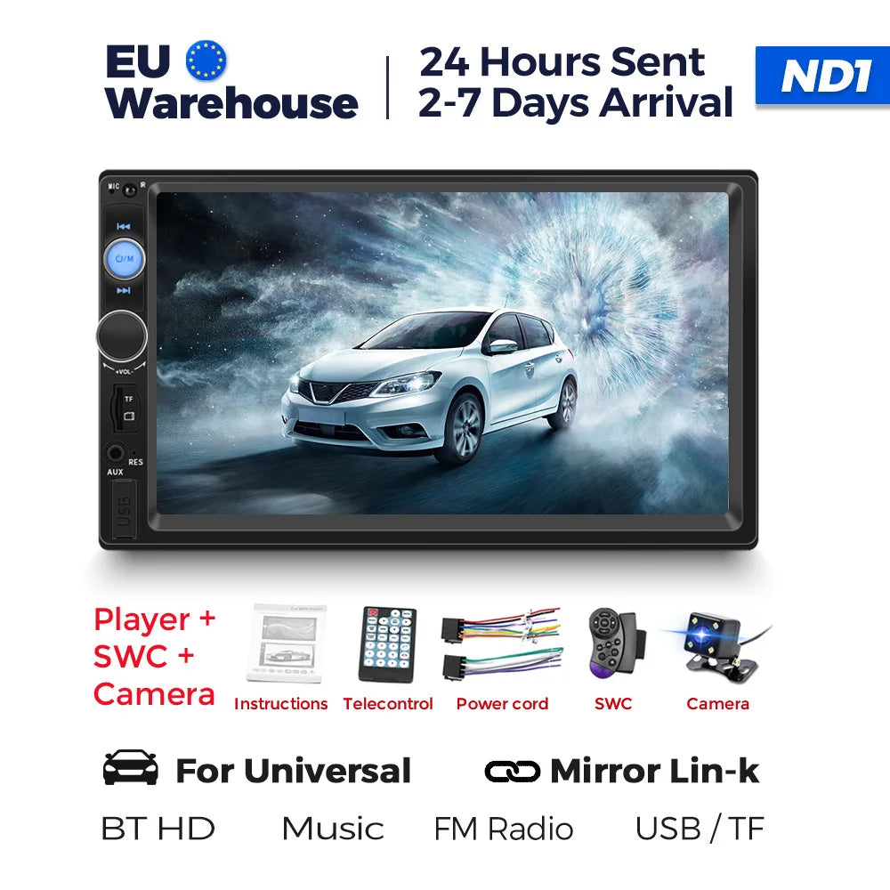Navifly ND1 2-Din Car Radio — 7" HD Touchscreen Multimedia Player, Universal MP5 Stereo with Bluetooth, TF, FM & Camera Support