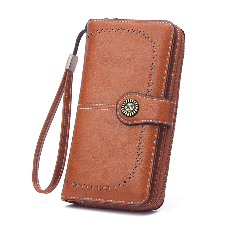 Vintage Large Capacity Women's Purse – Monochromatic Multi-Card Long Wallet with Zipper & Wrist Strap