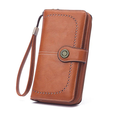 Vintage Large Capacity Women's Purse – Monochromatic Multi-Card Long Wallet with Zipper & Wrist Strap
