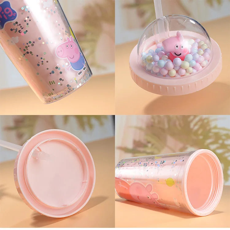 450ML Peppa Pig Plastic Water Bottle – Double-Layer Tumbler with Straw, George Pig Design, Gift for Girls