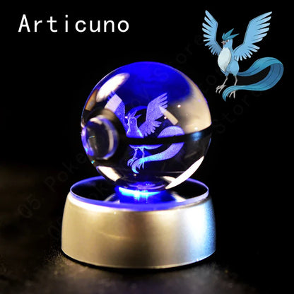 Pokemon 3D Crystal Ball Figurine — Pikachu, Gengar, Mew, Mewtwo Glass Statue with Lamp Base, Kids Birthday Gift