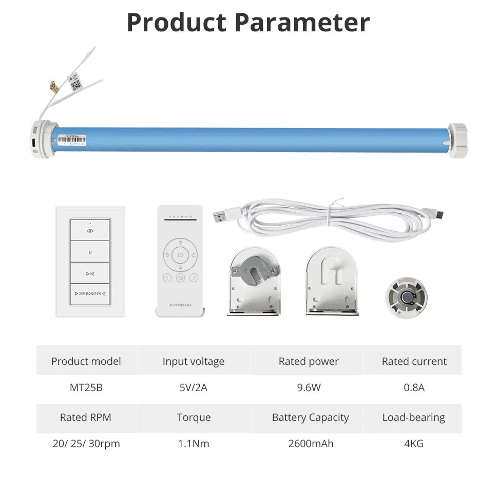 Zemismart Matter Smart Roller Shade Blinds – Motor with Built-in Battery, 38mm Tube, Compatible with HomeKit, Google Home, SmartThings App