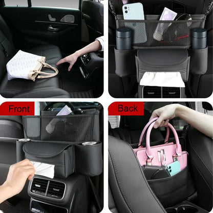 Car Seat Middle Storage Bag – PU Leather Auto Armrest Handbag Holder with Water Cup, Phone & Tissue Pockets, Universal Seat Hanger