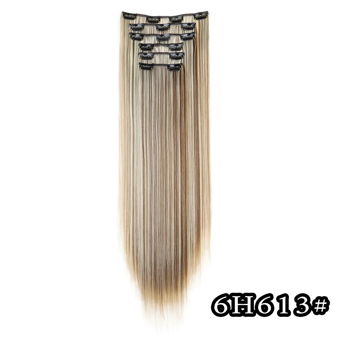 24-Inch 16 Clips-in Hair Extensions – Long Straight Synthetic Blonde & Black Hairpieces, Heat Resistant for Daily Use