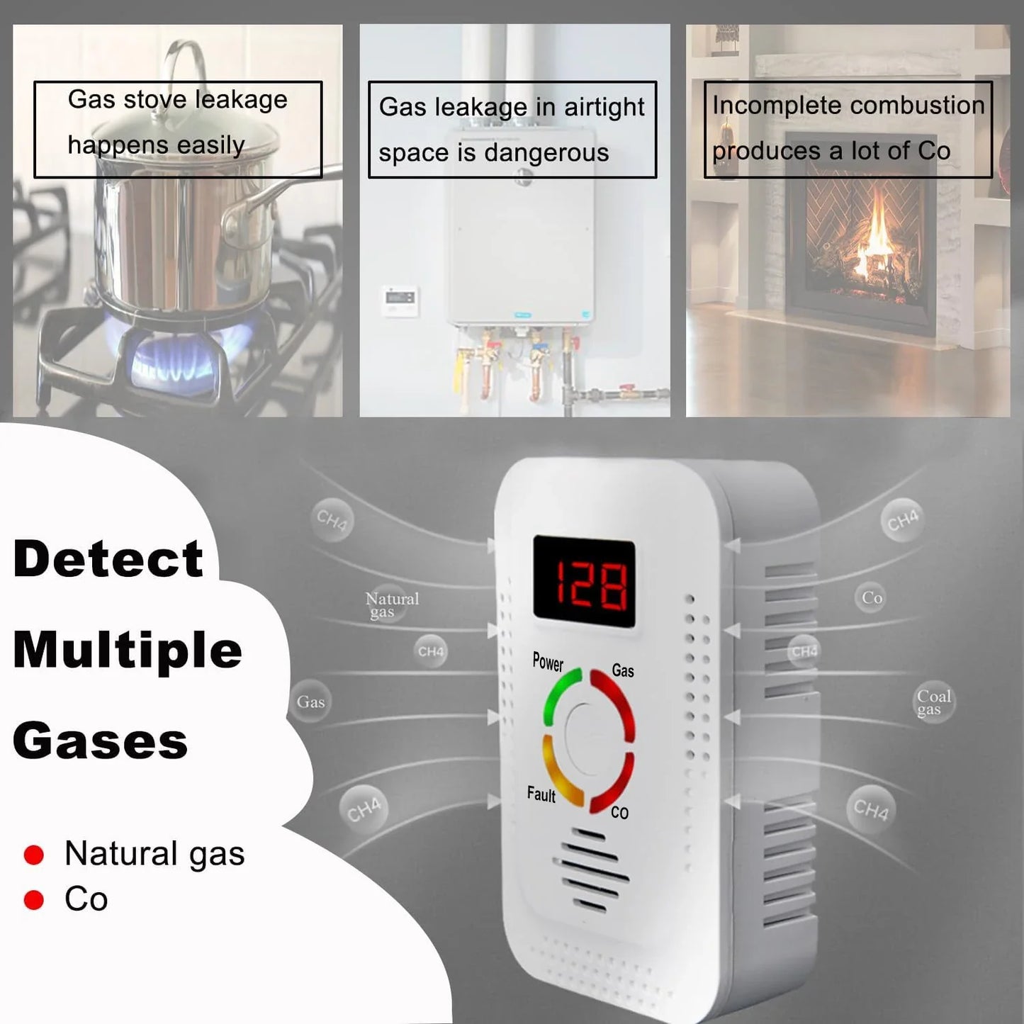 Natural Gas and Carbon Monoxide Detector - Combustible Gas Leak Monitor for CO, LPG, Methane, Kitchen Safety