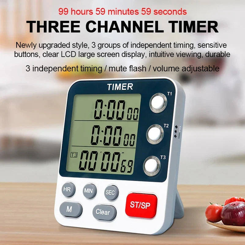 3 Channel Digital Kitchen Timer – Count Up/Down with LCD Display, Adjustable Volume & Mute Flashing Alarm