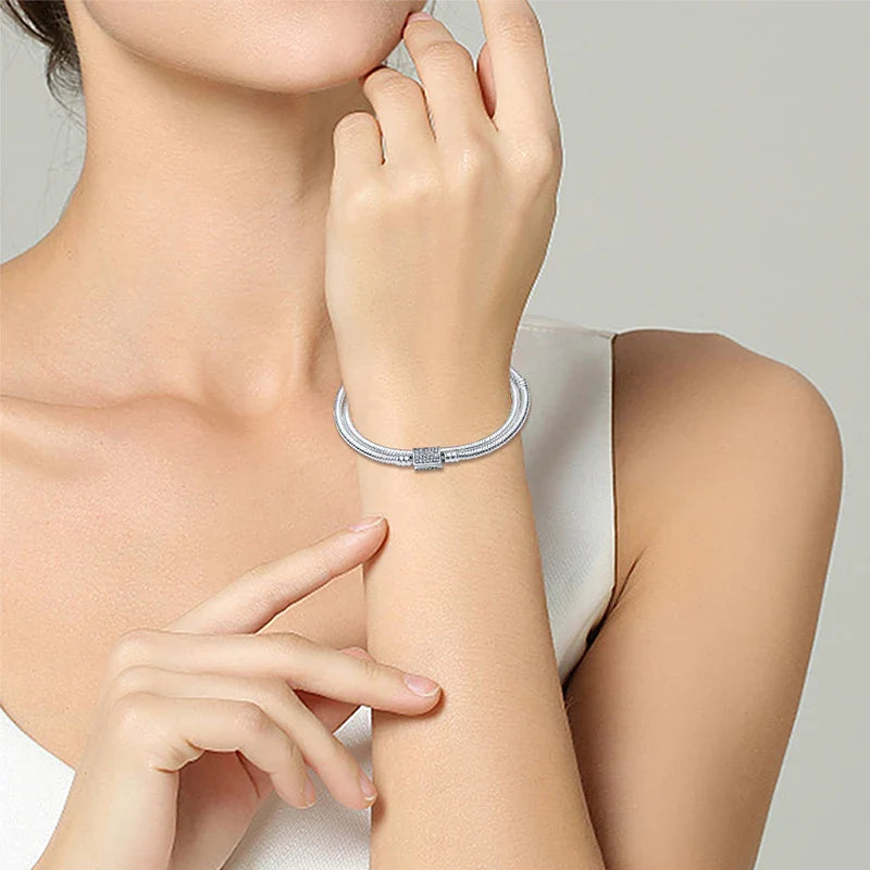 New 925 Sterling Silver Snake Chain Charm Bracelet – Fits Original 925 Pendant Charms & Beads, Heart Bracelet Jewelry for Women