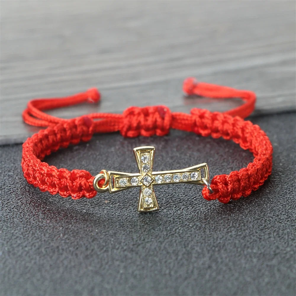 Crystal Cross Pendant Bracelet - Red & Black Braided Prayer Rope Jewelry Gift for Men & Women