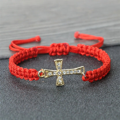 Crystal Cross Pendant Bracelet - Red & Black Braided Prayer Rope Jewelry Gift for Men & Women