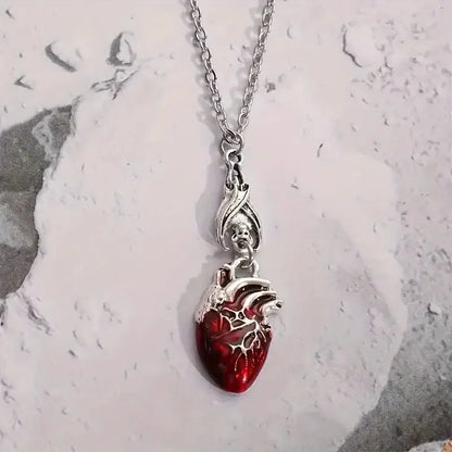 Gothic Vampire Bat & Bloody Heart Pendant Necklace – Pagan Witch Jewelry, Anatomy Heart Halloween Accessory Gift