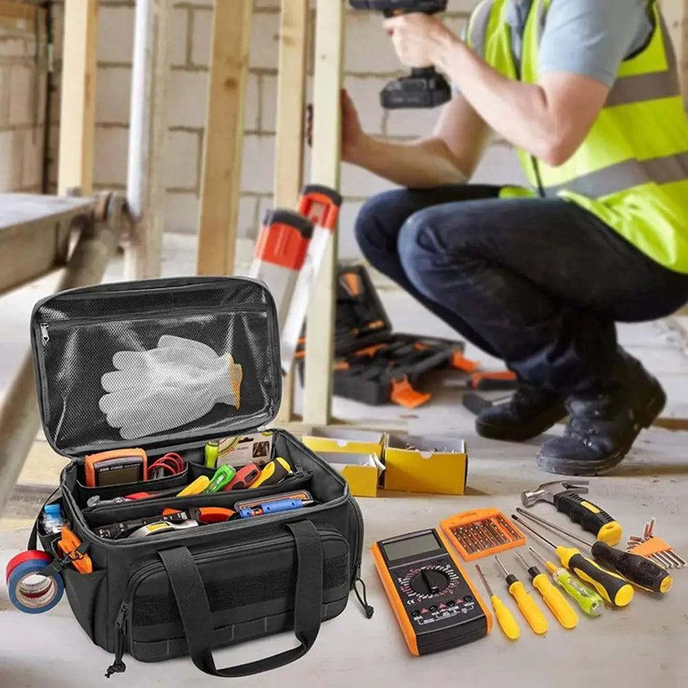 Heavy Duty High Capacity Tool Storage Bag – Water Resistant Organizer Case with Padded Base & Comfortable Handle for Easy Carrying, Black Tool Bag