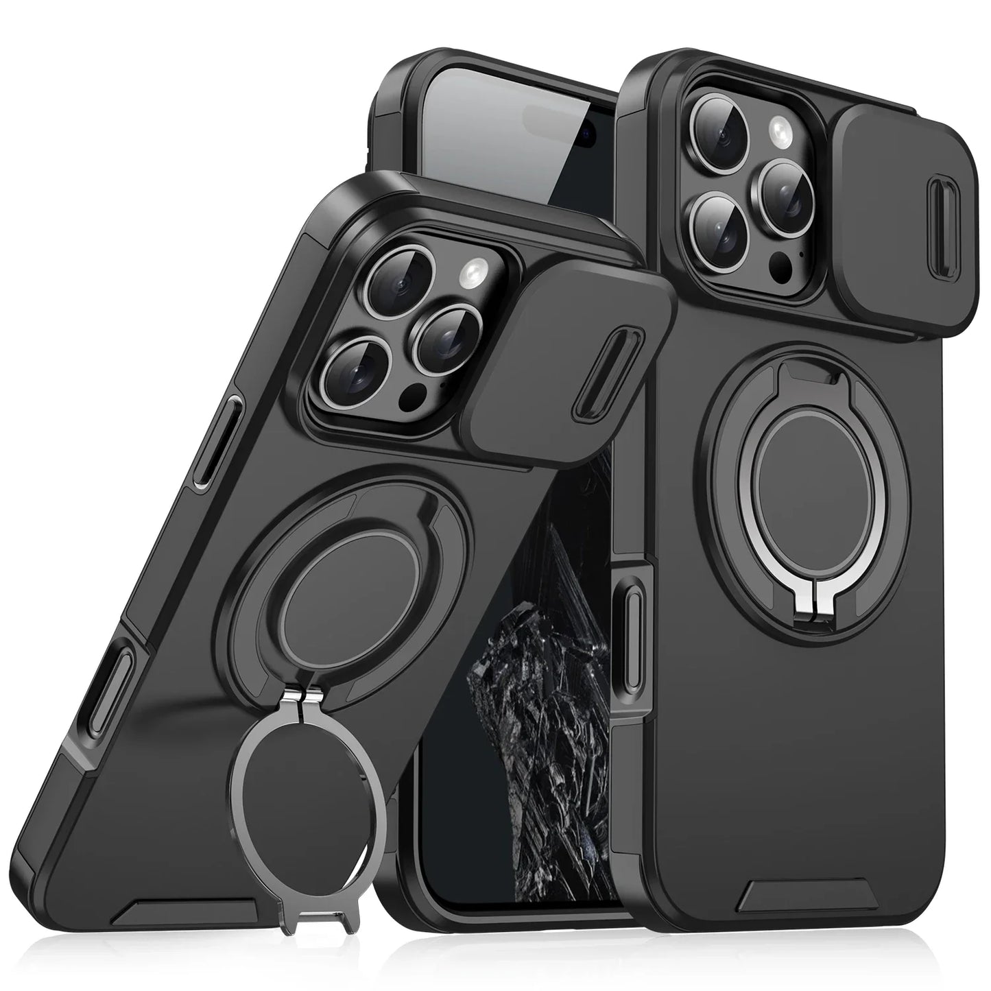 Heavy Duty Rugged Magnetic Ring Stand Case for iPhone 11–16 Pro Max Plus with Slide Camera Protection & MagSafe Compatible Cover