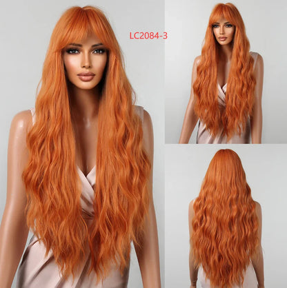 Super Long Curly Wavy Brown Synthetic Wig with Bangs – Heat-Resistant Afro Style for Cosplay, Party, Halloween, White Women