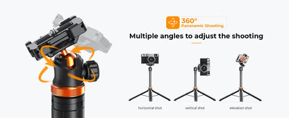 K&F Concept MS08 62'' Phone Tripod – 1.58m Selfie Stick with Bluetooth Remote & GoPro Adapter (Black & Orange)