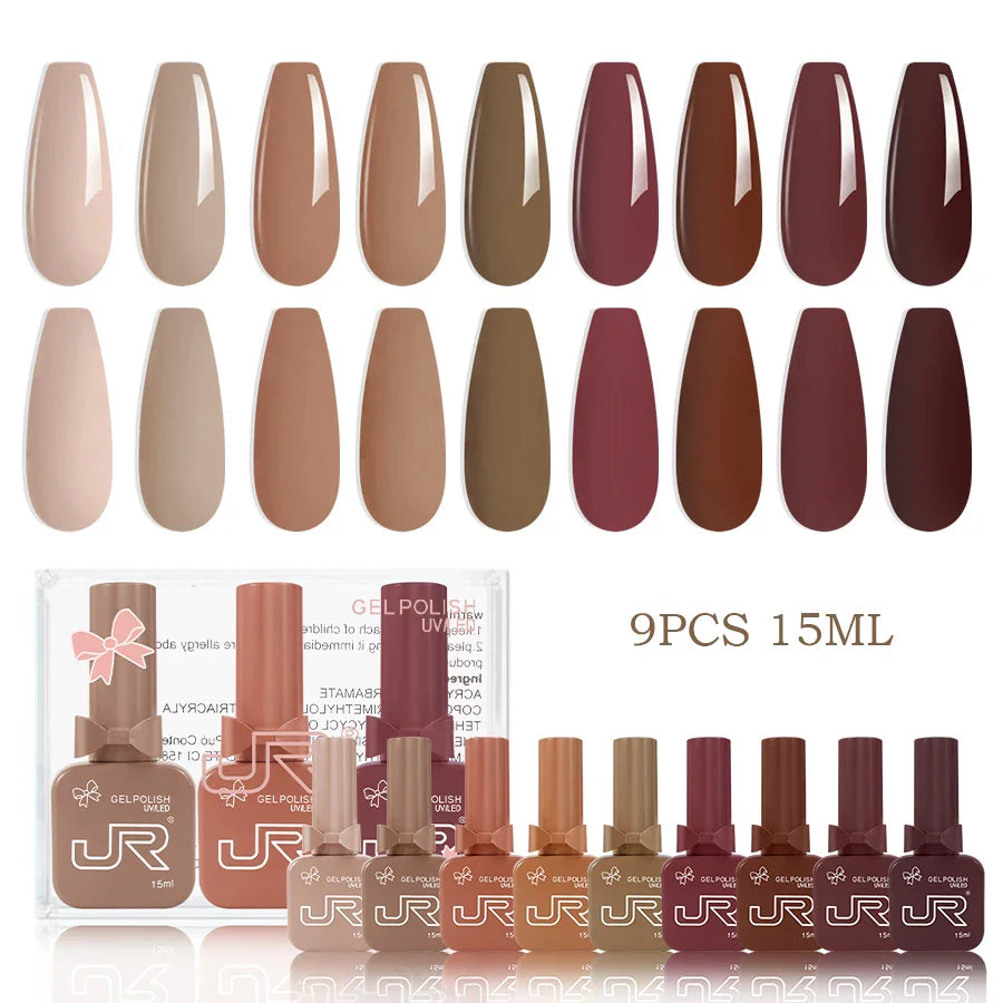 JR 9pcs Gel Nail Polish Set 15ml – Red, Pink, Nude UV LED Soak-Off Kit with Top & Base Coat for DIY Manicure & Gifts