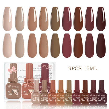 JR 9pcs Gel Nail Polish Set 15ml – Red, Pink, Nude UV LED Soak-Off Kit with Top & Base Coat for DIY Manicure & Gifts
