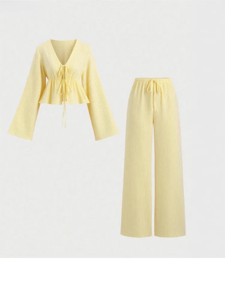 Striped Lace-Up Women’s 2-Piece Matching Set – Casual Office Commuting Outfit, Simple All-Match Two-Piece Set