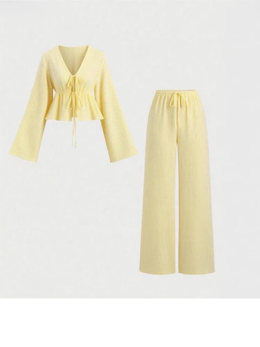 Striped Lace-Up Women’s 2-Piece Matching Set – Casual Office Commuting Outfit, Simple All-Match Two-Piece Set