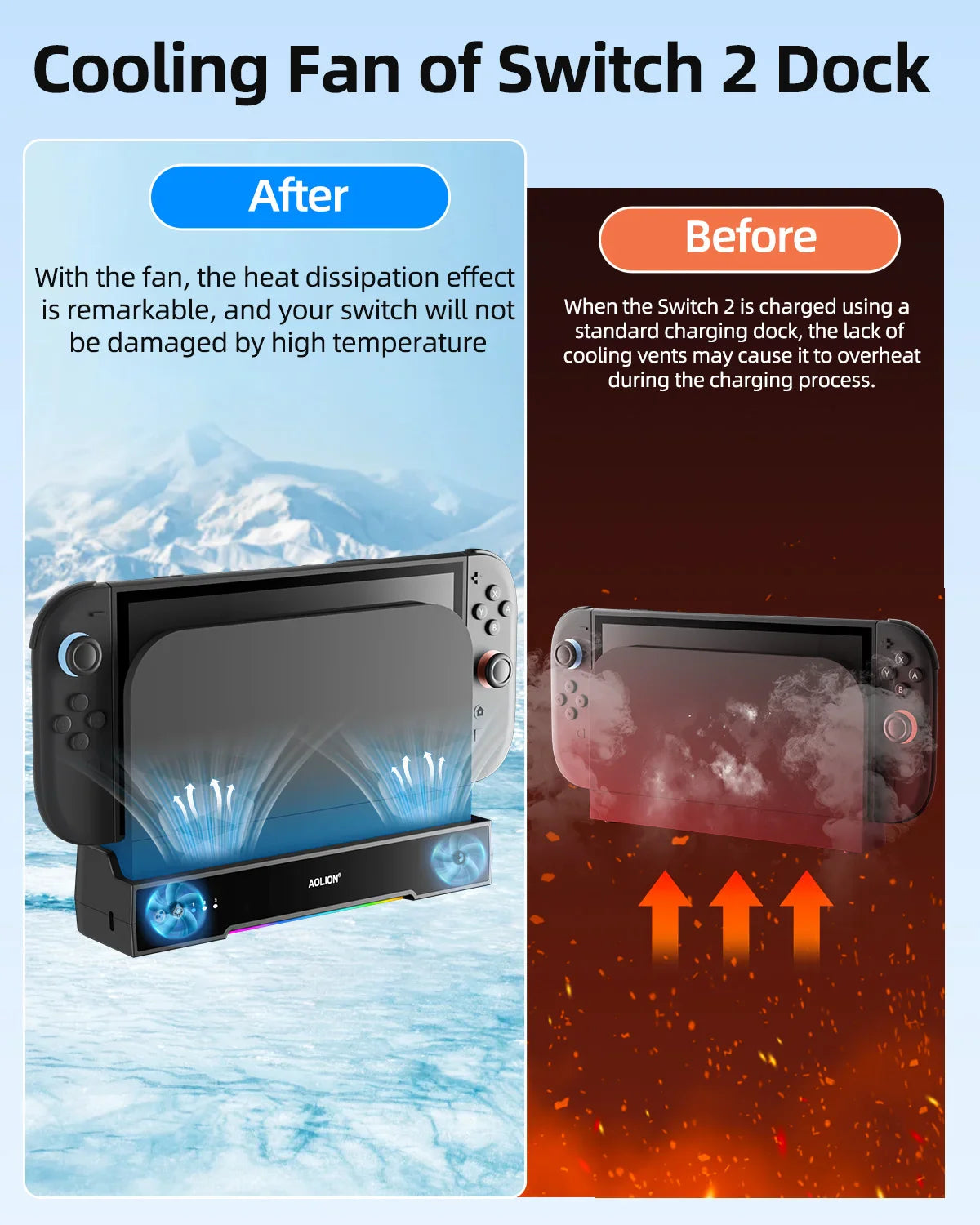 Aolion Switch 2 RGB Cooling Dock – Portable Hub Expansion Base with Wall Mount & NGC Support