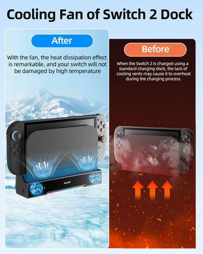 Aolion Switch 2 RGB Cooling Dock – Portable Hub Expansion Base with Wall Mount & NGC Support