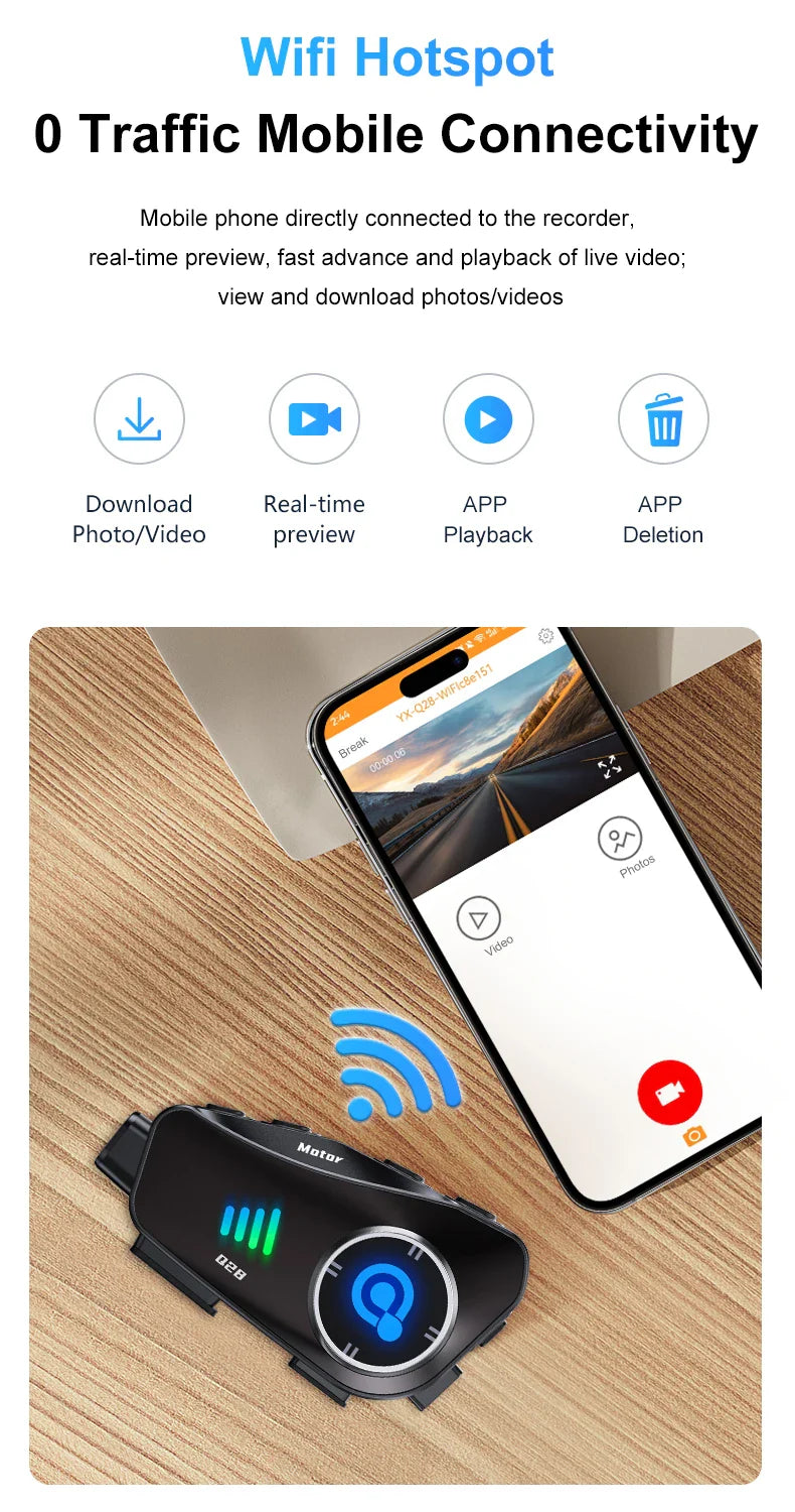 Q28 Motorcycle Helmet Bluetooth Headset — 1080P HD Wireless Camera with Super Wide-Angle Lens, WiFi, IP66 Waterproof Video Recorder