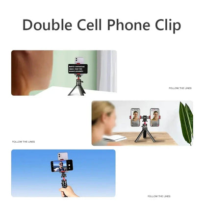 360° Rotatable Dual Phone Holder – Clip Clamp with 4 Cold Shoes & 1/4” Screw for Tripod, Selfie Stick, Vlog & Live Streaming