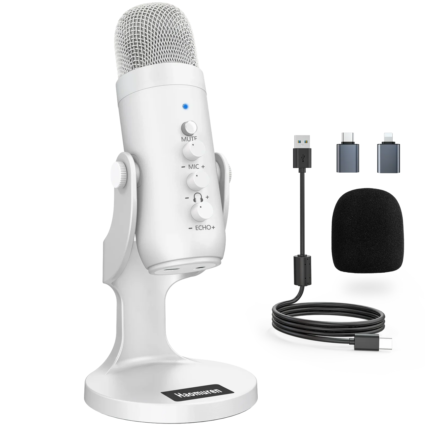 Haomuren Professional USB Condenser Microphone – White Studio Recording Mic for PC, Phone & Streaming