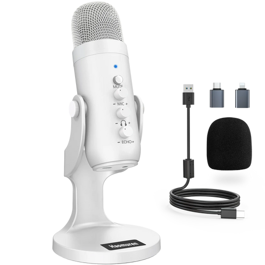 Haomuren Professional USB Condenser Microphone – White Studio Recording Mic for PC, Phone & Streaming