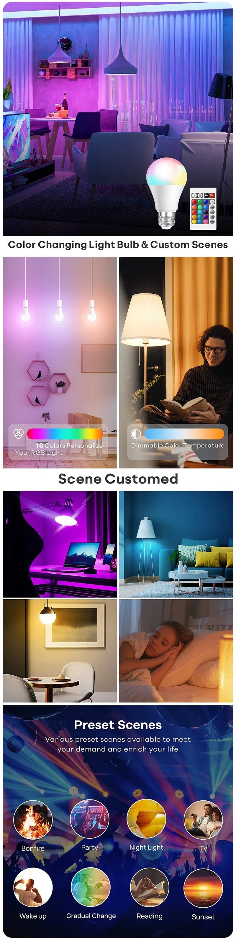 16-Color RGB LED Bulb E27 – Dimmable Smart Lamp with 24-Key Remote Control for Household Lighting & Atmosphere