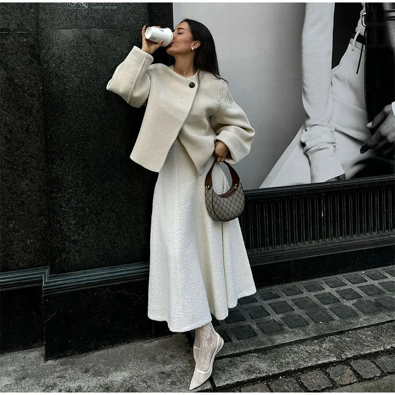 2024 Women's Elegant Solid Wool Blend Cardigan Coat – Round Neck, Single Button, Long Sleeve High Street Outwear