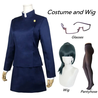 Jujutsu Kaisen Maki Zenin Cosplay Costume — Glasses, Wig, Top & Skirt Full Set for Halloween, Women & Men Uniform