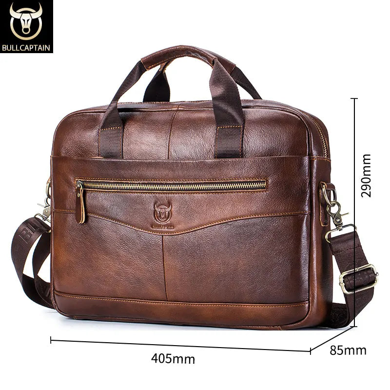 BULLCAPTAIN Men's Genuine Leather Briefcase – 14-Inch Laptop Shoulder Messenger Bag for Business & Office
