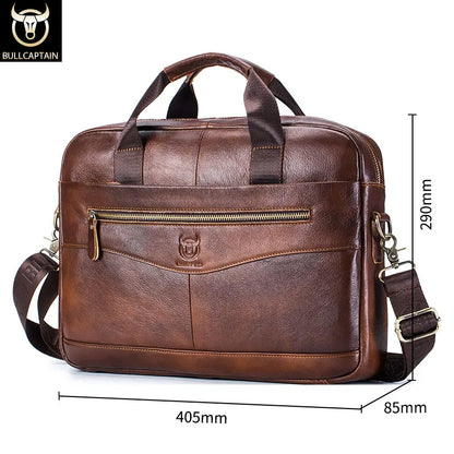 BULLCAPTAIN Men's Genuine Leather Briefcase – 14-Inch Laptop Shoulder Messenger Bag for Business & Office