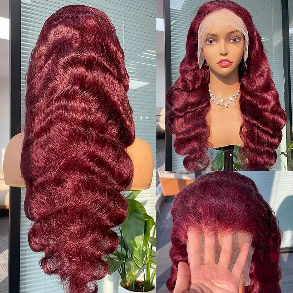 99J Burgundy Body Wave Human Hair Wig – 13x6 HD Transparent Lace Front, 30-40 Inch Curly Brazilian Hair for Women