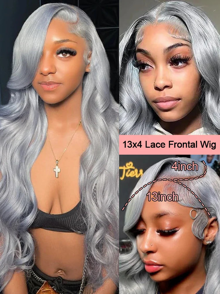 13x6 Silver Grey Body Wave Lace Front Wig – 100% Human Hair, Preplucked 13x4 Lace Frontal Brazilian Wig, 36 Inch