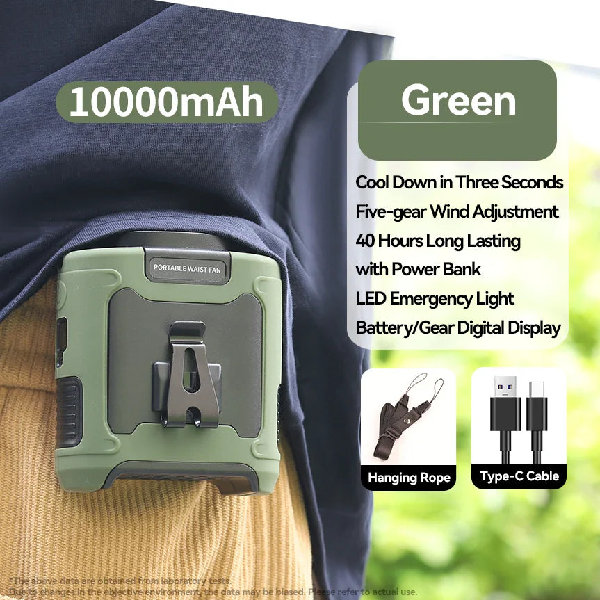 Portable Waist & Neck Hanging Fan – 5-Speed Strong Wind Cooling Fan with LED Light | 10000/20000mAh Rechargeable Battery, Outdoor Sports & Work Wearable Fan