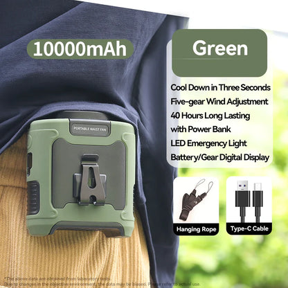 Portable Waist & Neck Hanging Fan – 5-Speed Strong Wind Cooling Fan with LED Light | 10000/20000mAh Rechargeable Battery, Outdoor Sports & Work Wearable Fan