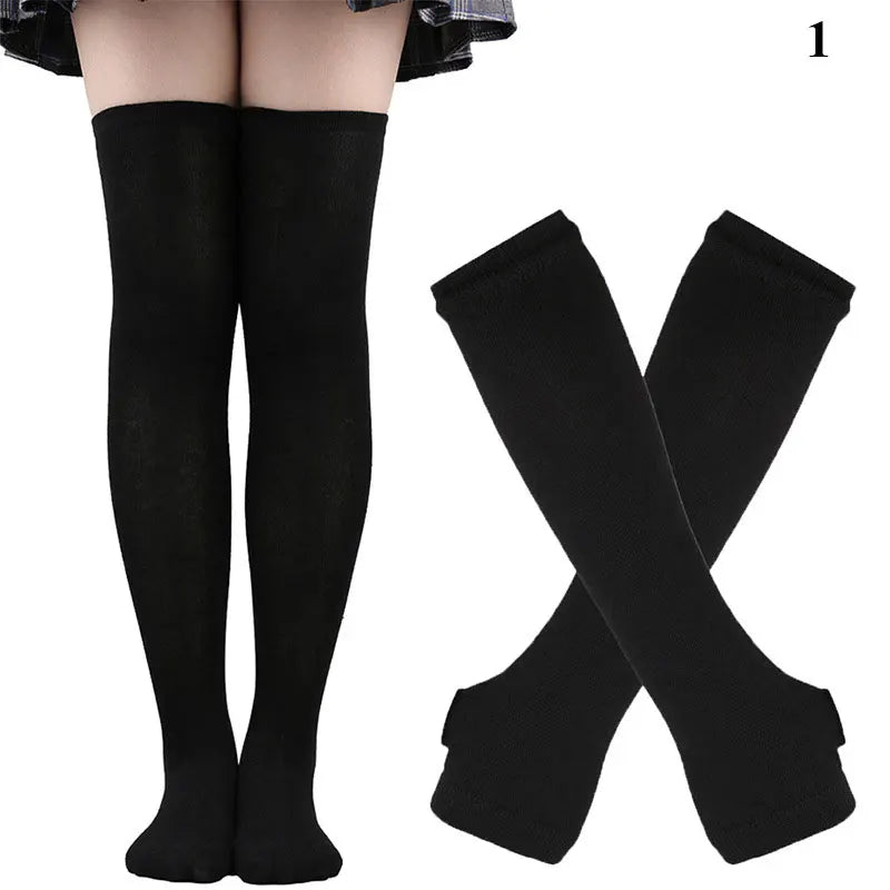 Women’s Over-Knee Long Stripe Socks & Arm Sleeve Gloves – Cute Plus Size Thigh High Cotton Socks