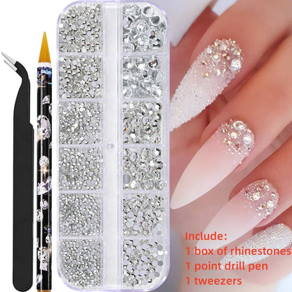 12-Grid 3D Glass AB Crystal Nail Art Rhinestones Kit – Flatback Round Beads with Tools for Nail Jewelry & Diamond Decoration