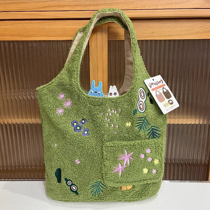 Cartoon Cat Embroidered Lamb Plush Handbag – Cute One-Shoulder Messenger Bag for Mobile Phone & Daily Use