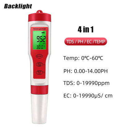 Waterproof PH Meter - PH/TDS/EC/Temp Digital Water Quality Monitor with Backlight for Pools, Drinking Water & Aquariums