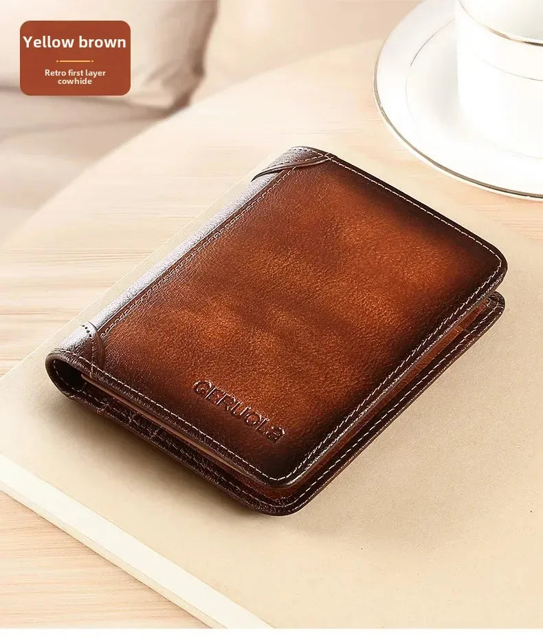 Genuine Leather Men’s Wallet – RFID Blocking Trifold, Vintage Thin ID & Credit Card Holder, Multi-Function Purse