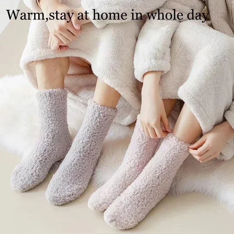 3 Pairs Unisex Plush Slipper Socks — Thick Winter Coral Fleece Cozy Mid-Calf Socks for Couples