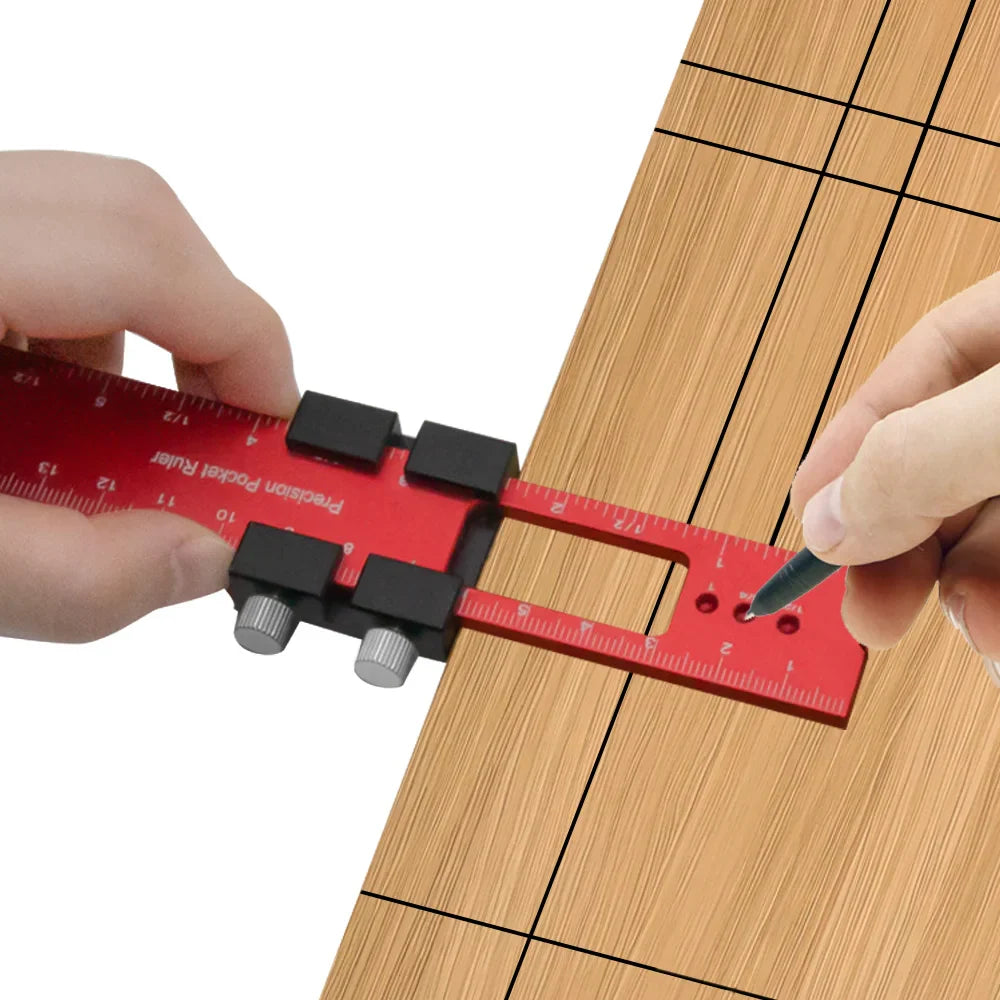 Pocket Woodworking Tools Ruler: Aluminum Precision Ruler with T-Track Metal Slide Stops, Inch and Metric Scale - Layout Tool