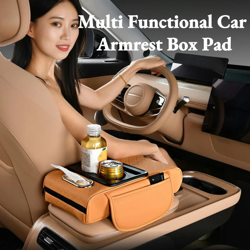Auto Center Console Armrest Cushion Heightening Pad – All-Season Car Armrest Pillow with Dual Cup Holders & Comfort Cover