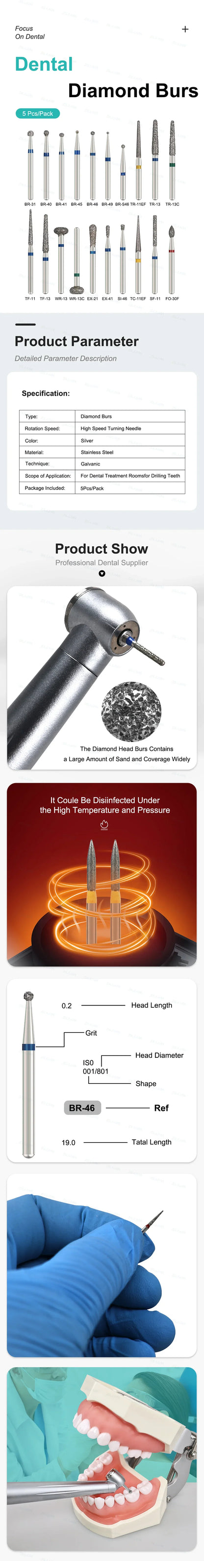 5pcs Dental Diamond Burs Drill FG 1.6mm – High-Speed Handpiece Burs for Polishing & Whitening